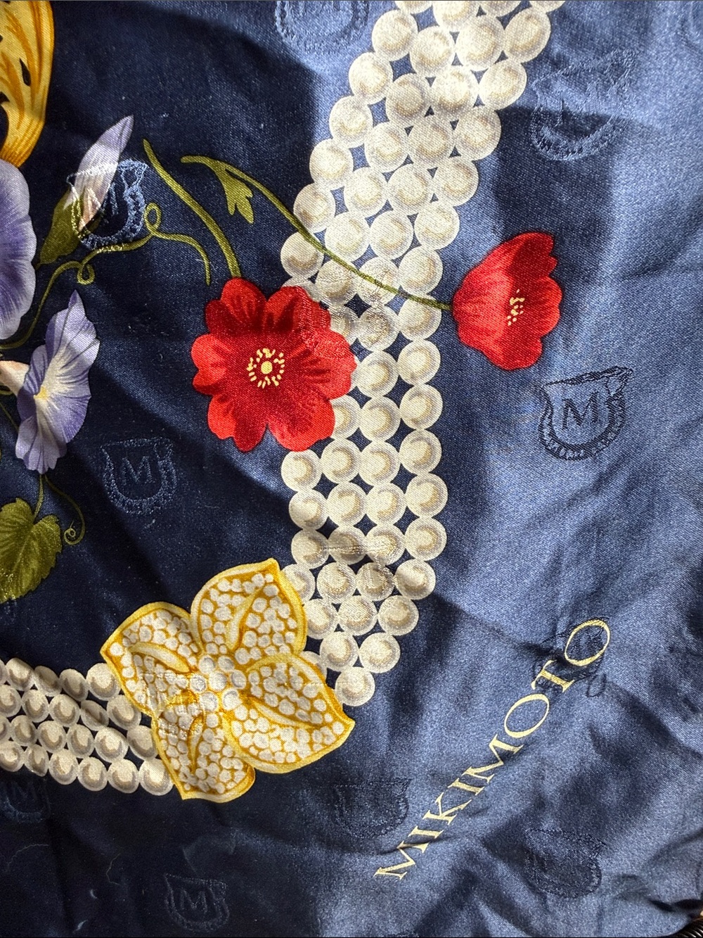 Mikimoto Navy Floral Pearl Motif Silk Scarf 34”x 34”